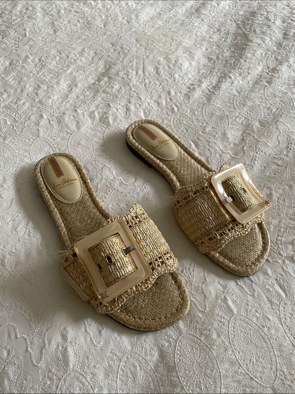Sam Edelman Bambi Natural Raffia Slide Sandals with Statement Buckle